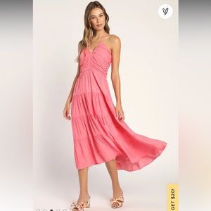 Pink Keyhole Tiered Halter Midi Dress XS